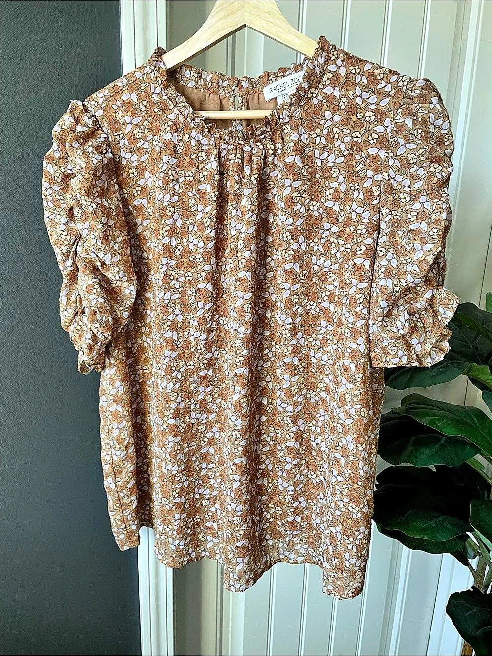 Rachel Zoe Floral Puff Sleeve Blouse Top Brown Boho Peasant Prairie Size XL